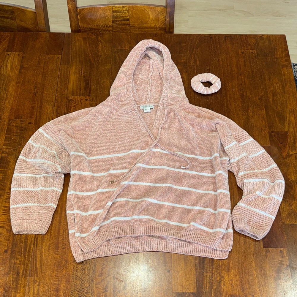 Rachel Zoe Cozy Pink Striped Hooded Sweater with Matching Scrunchie